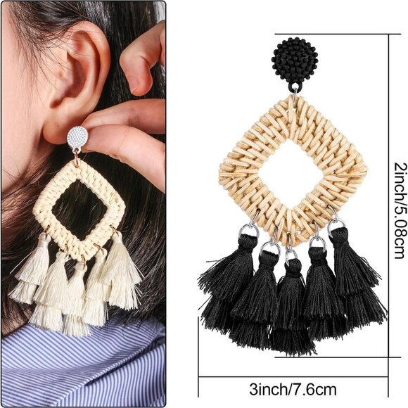 2 Pairs Rattan Tassel for Women Bohemian Woven Summer Beach Jewelry GiftsBlack a - Picture 2 of 7